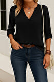 Kadın Uzun Kollu V Yakalı Ithal Krep Bluz