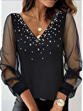 Kadın Uzun Kollu V Yaka Kolları Tül Yaka Kenarı Ve Göğüs Inci Detay Krep Bluz