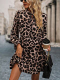 Kadın Uzun Kollu Yakadan Bağcıklı Modal Leopar Desenli Mini Elbise