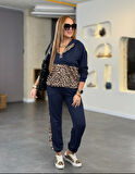 Kadın Uzun Kollu Kapşonlu Leopar Desen Detaylı Viskon Iki Iplik Bluz Ve Pantolon Ikili Takım