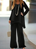 Kadın Uzun Kollu Asimetrik Detaylı Salaş Sandy Bluz Ve Pantolon Ikili Takım