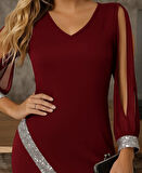 Kadın Uzun Kollu V Yakalı Pulpayetli Ithal Krep Elbise