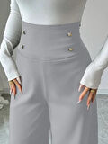 Kadın Yüksek Bel Düğmeli Geniş Paçalı Ithal Krep Pantolon