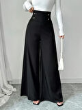 Kadın Yüksek Bel Düğmeli Geniş Paçalı Ithal Krep Pantolon