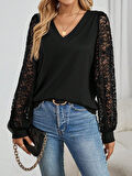 Kadın Uzun Kollu V Yakalı Dantelli Viskon Iki Iplik Bluz