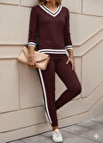 Kadın Uzun Kollu V Yakalı Ribanalı Viskon Iki Iplik Bluz Ve Pantolon Ikili Takım