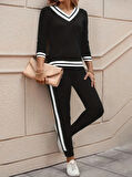Kadın Uzun Kollu V Yakalı Ribanalı Viskon Iki Iplik Bluz Ve Pantolon Ikili Takım