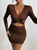 Kadın Uzun Kollu çapraz Dekolte Detaylı Mini Sandy Elbise