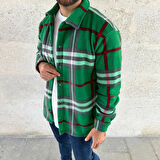 Erkek Ekose Desenli Düğmeli Polar Yakalı Uzun Kollu Gömlek Oversize Rahat Kalıp - Yeşil