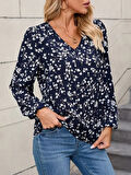 Kadın Uzun Kollu V Yakalı çiçek Desenli Modal Bluz
