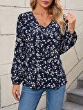 Kadın Uzun Kollu V Yakalı çiçek Desenli Modal Bluz