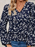 Kadın Uzun Kollu V Yakalı çiçek Desenli Modal Bluz
