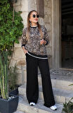 Kadın Uzun Kollu Bisiklet Yaka Leopar Desenli Iki Iplik Bluz Ve Viskon Iki Iplik Pantolon Ikili Takım