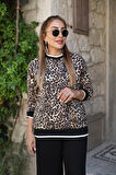 Kadın Uzun Kollu Bisiklet Yaka Leopar Desenli Iki Iplik Bluz Ve Viskon Iki Iplik Pantolon Ikili Takım