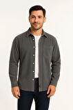 Erkek Fitilli Kadife Cepli Gömlek Oversize Rahat Kalıp - Füme