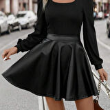 Kadın Uzun Kollu Kare Yaka üst Viskon Alt Deri Mini Elbise