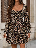 Kadın Uzun Kollu Kare Yakalı Leopar Modal Mini Elbise