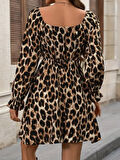 Kadın Uzun Kollu Kare Yakalı Leopar Modal Mini Elbise