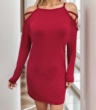 Kadın Uzun Kollu Omuz Açık Askı Detay Viskon Mini Boy Elbise