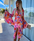 Kadın Göğüs Dekolteli Kolları Volan Detay Astarlı Tül Elbise