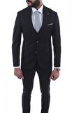 Jan Carlucci Slim Fit Sivri Yaka-Çift Yırtmaç  Düz Siyah  Drop 6 Yelekli Takım Elbise