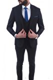 Jan Carlucci Slim Fit Sivri Yaka-Çift Yırtmaç  Düz Lacivert  Drop 6 Yelekli Takım Elbise