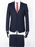 Jan Carlucci Slim Fit Sivri Yaka-Çift Yırtmaç  Düz Lacivert  Drop 6 Yelekli Takım Elbise