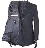 Erkek Slim Fit  Antrasit Çıkmalı Ceket Yaka  İçi Kapitoneli Tek Yırtmaç  Dizüstü Kaşe Kaban 