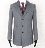 Erkek  Slim Fit  Gri  Çıkmalı Ceket Yaka İçi Kapitoneli Tek Yırtmaç  Dizüstü Kaşe Kaban 