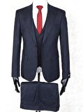 Jan Carlucci Slim Fit Sivri Yaka-Çift Yırtmaç Lacivert Drop 6 Yelekli Takım Elbise
