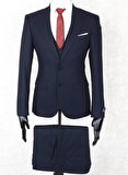 Jan Carlucci Slim Fit Sivri Yaka-Çift Yırtmaç Lacivert Drop 6 Yelekli Takım Elbise