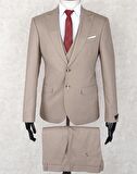 Jan Carlucci Slim Fit Sivri Yaka-Çift Yırtmaç Bej Rengi Drop 6 Yelekli Takım Elbise