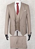 Jan Carlucci Slim Fit Sivri Yaka-Çift Yırtmaç Bej Rengi Drop 6 Yelekli Takım Elbise