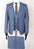 Jan Carlucci Slim Fit Sivri Yaka-Çift Yırtmaç Mavi Drop 6 Yelekli Takım Elbise