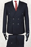 Jan Carlucci Slim Fit Geniş Sivri Yaka-Çift Yırtmaç  Lacivert Çift Cep Kruvaze Drop 6 Takım Elbise