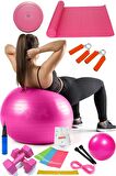 14 Lü Pilates Seti Topu 3 Lü Pilates Bandı Dambıl Minder Atlama Ipi Twister Aerobik El Yayı Pembe
