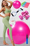 10 Lu Pilates Topu Seti Takımı 3 Lü Pilates Bandı Lastiği 1 Kg Dambıl Direnç Tübülü Set Pembe