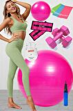 10 Lu Pilates Topu Seti Takımı 3 Lü Pilates Bandı Lastiği 1 Kg Dambıl, Bilek Ağırlığı Set Pembe