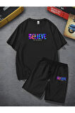 Unisex Believe Baskılı Oversize Bol Kalıp T-shirt Şortlu - Alt Üst Ikili Takım