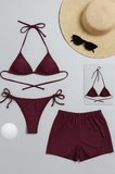 Kadın 'lü Set Bordo Şortlu ve Yandan Bağlamalı Bikini Mayo Takımı