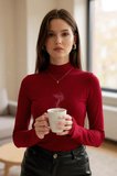 Kadın Bordo Parmak Detaylı Esnek Uzun Kollu Body