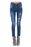 Mavi Koyu Denim Yırtık ve Paça Püsküllü Kadın Pantolon