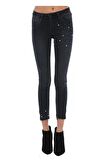 Siyah Denim İnci Taş ve Paça Detaylı Kadın Pantolon