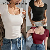 Wearflawless 3 lü Takım Kısa Kollu Göğüs Dekolteli U Yaka  Bluz , T-Shirt