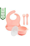 Silikon Beslenme Seti, Mama Tabağı, Kase, Emzik Kılıfı, Pipet, Önlük, Çatal-Kaşık, Bardak (Pembe)
