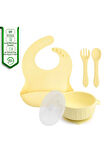 Silikon Beslenme Seti, Mama Tabağı, Kase, Bardak, Emzik Kılıfı, Pipet, Önlük, Çatal-Kaşık (Sarı)