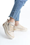 JET-DINA Bağcıklı Fermuarlı Ortopedik Taban Kadın Sneaker Spor Ayakkabı  CKT - Krem/Altın