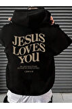 Jesus Loves You Baskılı Unisex Siyah Kanguru Cepli Kapüşonlu Sweatshirt Hoodie | L