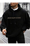 Jesus Loves You Baskılı Unisex Siyah Kanguru Cepli Kapüşonlu Sweatshirt Hoodie | L