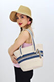 Jutty El Yapımı Hasır Plaj Çantası Fermuarlı Omuz Askılı Yazlık Tote Çanta Mavi Çizgili Denizci Stil
